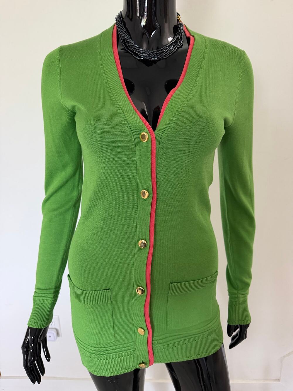 Milly of New York Silk Blend Long Cardigan Green Coral Trim Gold Buttons P